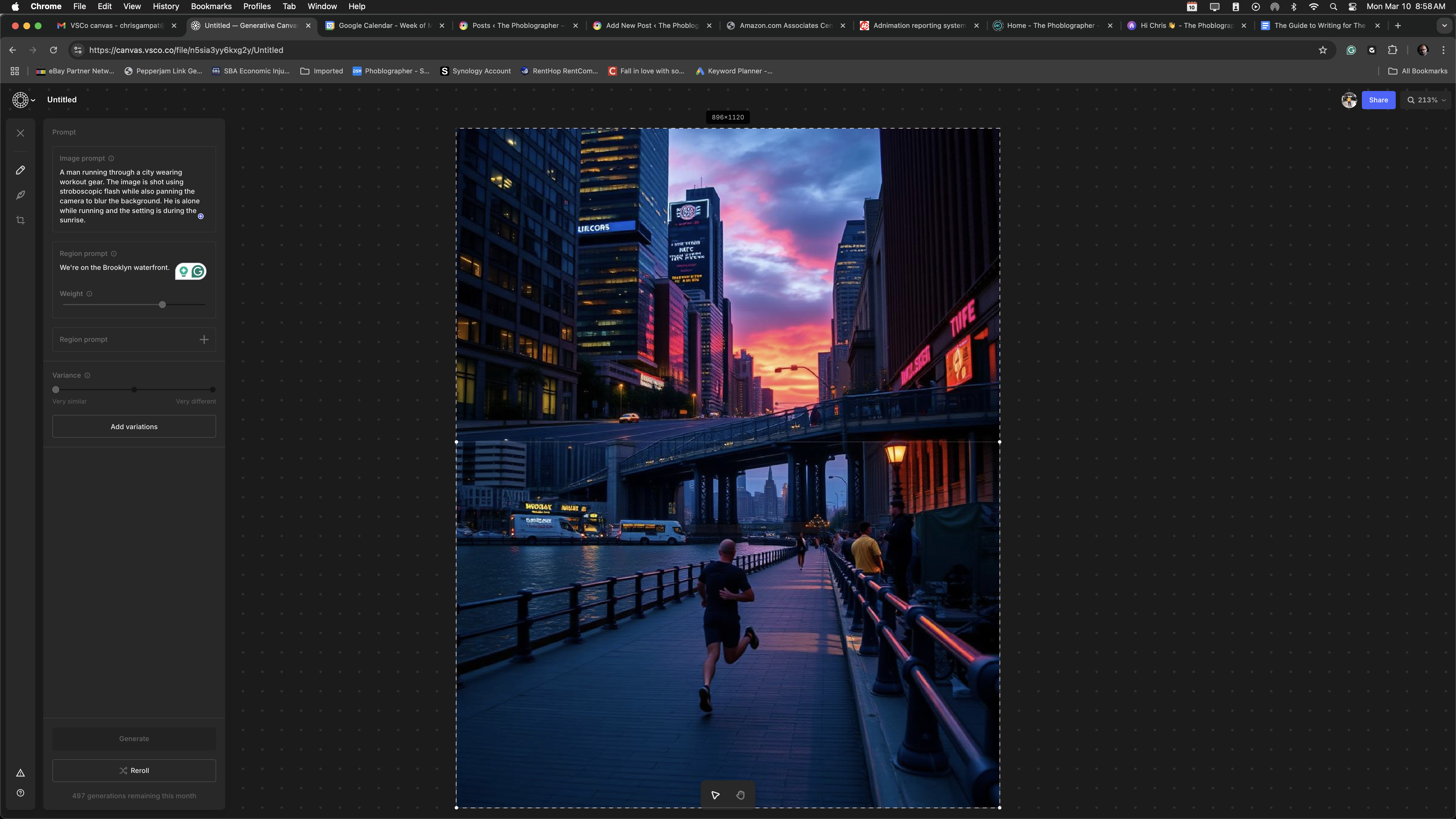 Person jogging on a city waterfront path at sunset with skyscrapers and colorful sky in the background. Credit: Chris Gampat via VSCO Canvas